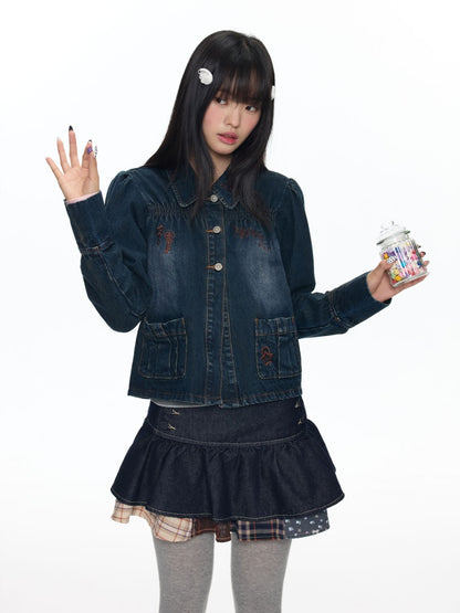 Water Washed Key Star Note Embroidery Long-Sleeve Denim Jacket【s0000018454】
