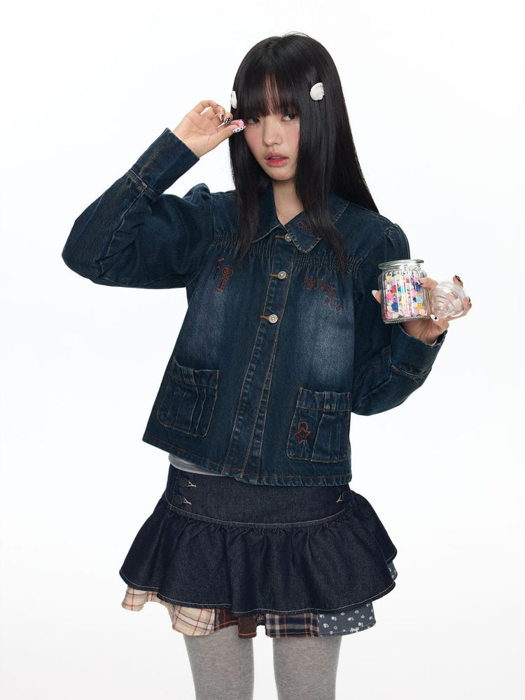 Water Washed Key Star Note Embroidery Long-Sleeve Denim Jacket【s0000018454】