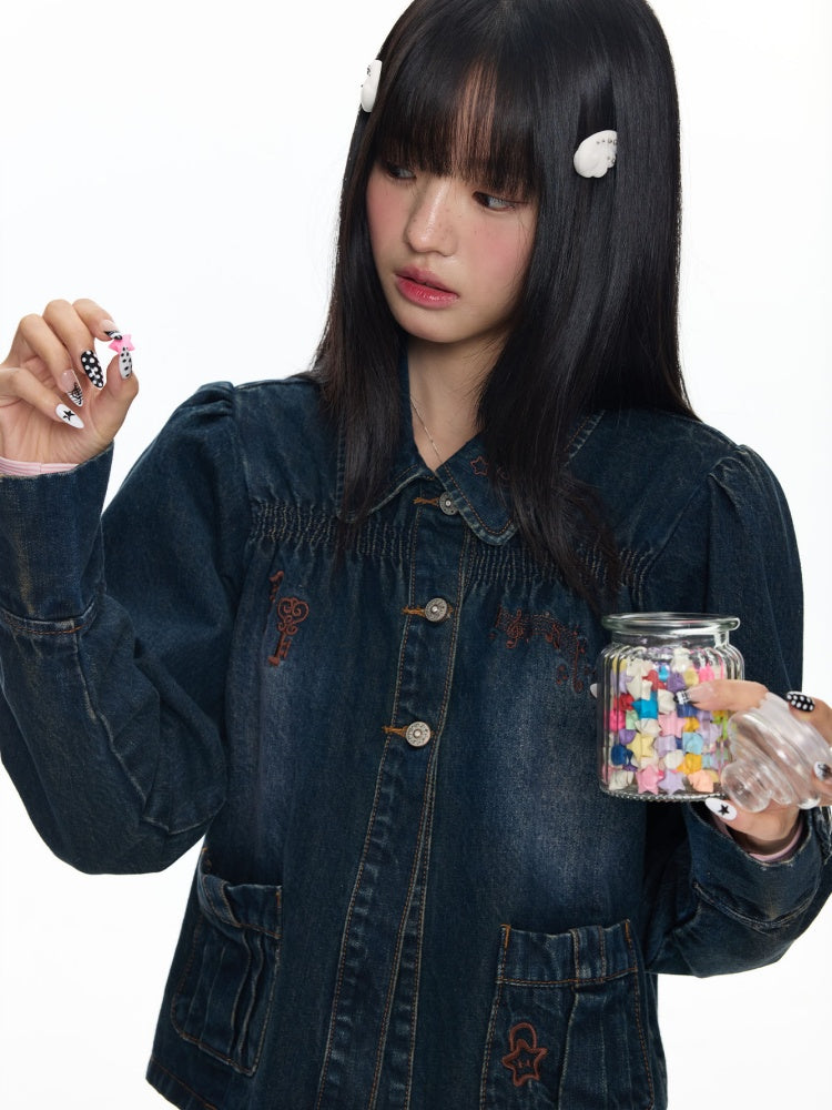 Water Washed Key Star Note Embroidery Long-Sleeve Denim Jacket【s0000018454】