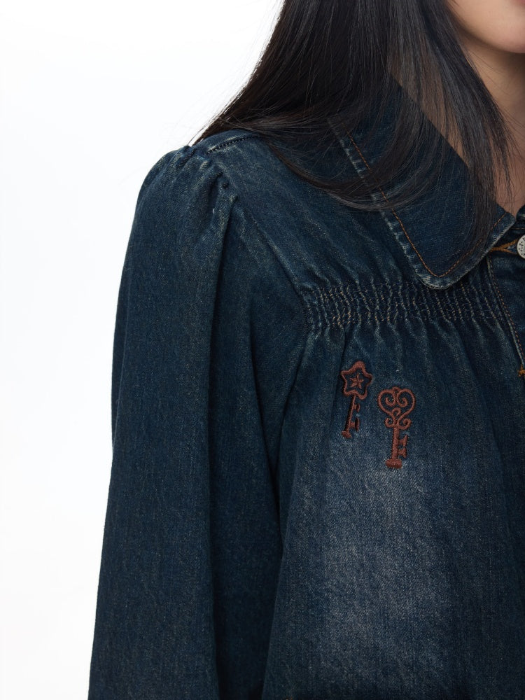 Water Washed Key Star Note Embroidery Long-Sleeve Denim Jacket【s0000018454】