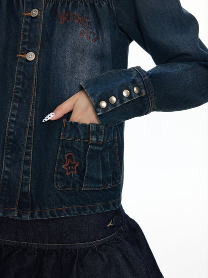Water Washed Key Star Note Embroidery Long-Sleeve Denim Jacket【s0000018454】