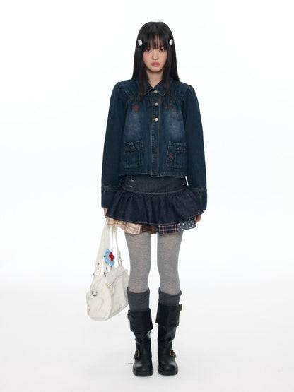 Water Washed Key Star Note Embroidery Long-Sleeve Denim Jacket【s0000018454】