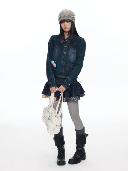 Water Washed Key Star Note Embroidery Long-Sleeve Denim Jacket【s0000018454】