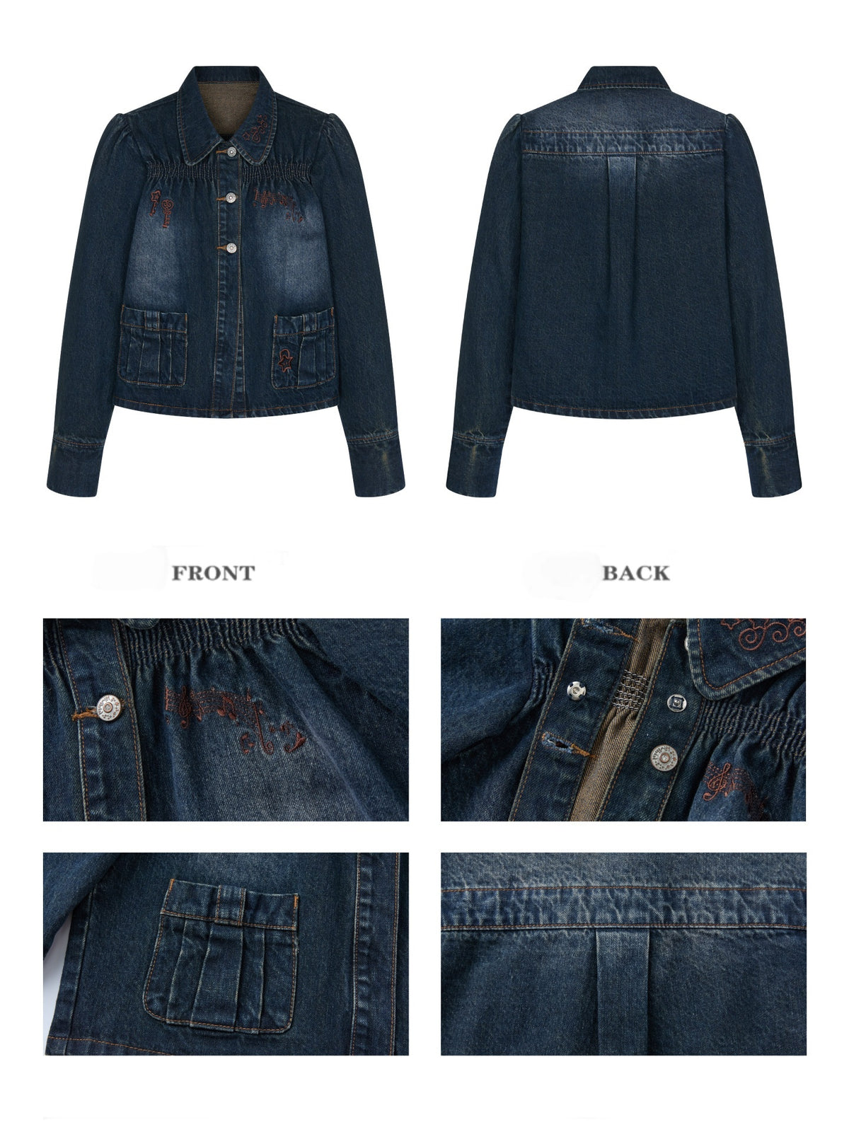Water Washed Key Star Note Embroidery Long-Sleeve Denim Jacket【s0000018454】