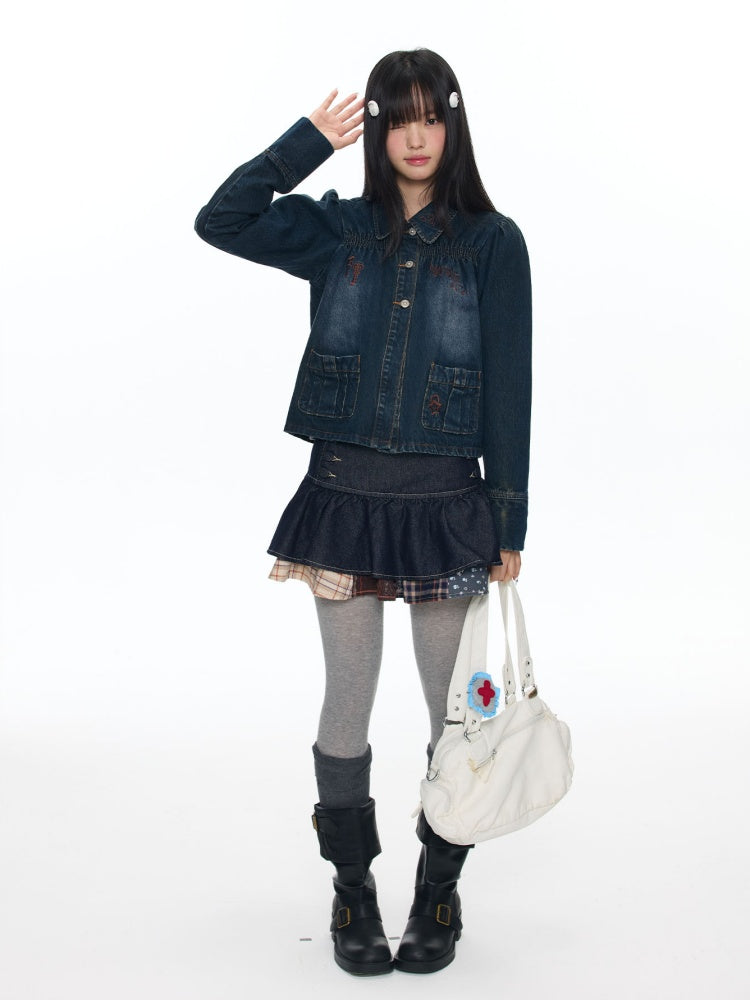 Water Washed Key Star Note Embroidery Long-Sleeve Denim Jacket【s0000018454】