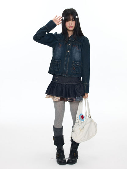 Water Washed Key Star Note Embroidery Long-Sleeve Denim Jacket【s0000018454】