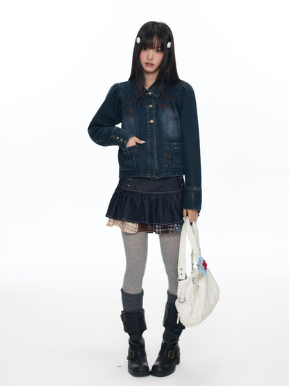 Water Washed Key Star Note Embroidery Long-Sleeve Denim Jacket【s0000018454】