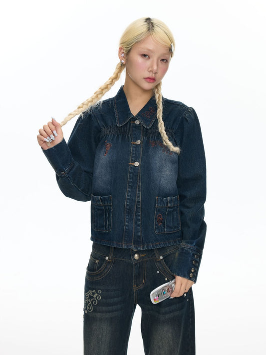 Water Washed Key Star Note Embroidery Long-Sleeve Denim Jacket【s0000018454】