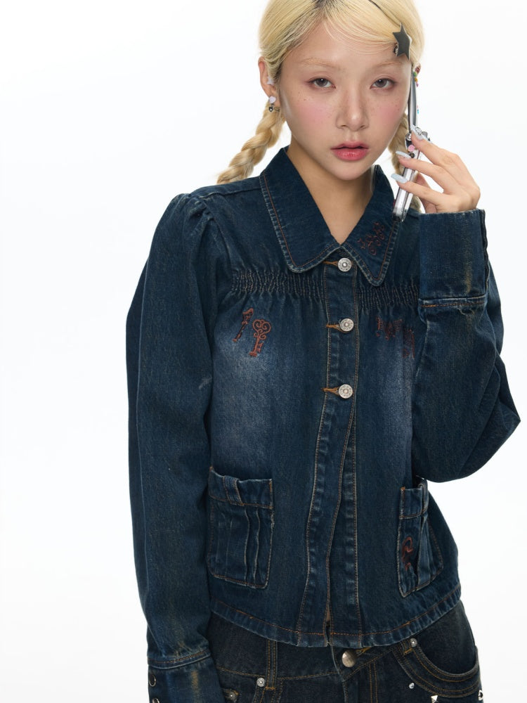Water Washed Key Star Note Embroidery Long-Sleeve Denim Jacket【s0000018454】