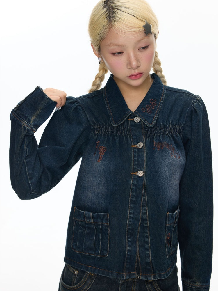 Water Washed Key Star Note Embroidery Long-Sleeve Denim Jacket【s0000018454】