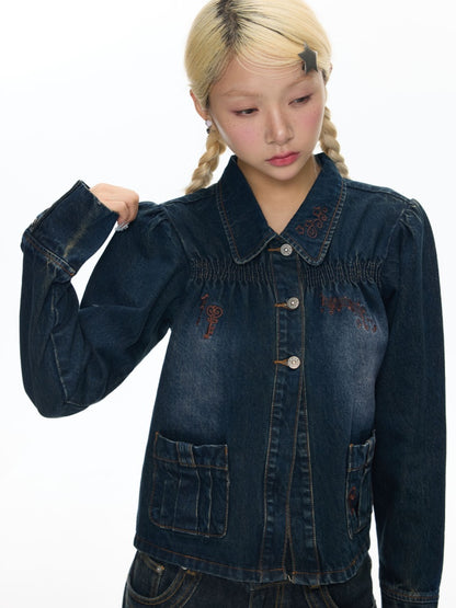 Water Washed Key Star Note Embroidery Long-Sleeve Denim Jacket【s0000018454】