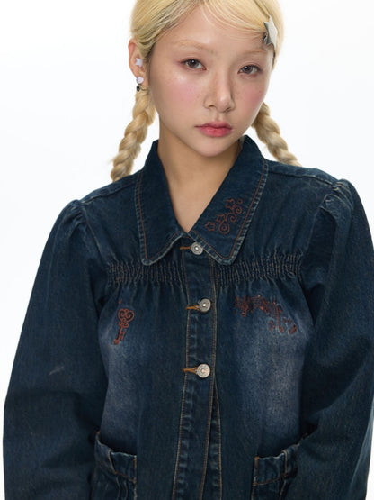 Water Washed Key Star Note Embroidery Long-Sleeve Denim Jacket【s0000018454】
