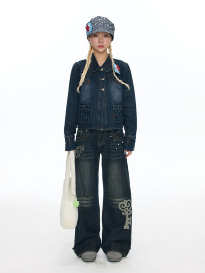 Water Washed Key Star Note Embroidery Long-Sleeve Denim Jacket【s0000018454】