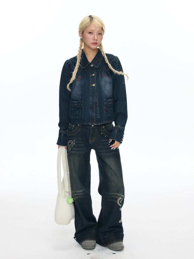 Water Washed Key Star Note Embroidery Long-Sleeve Denim Jacket【s0000018454】