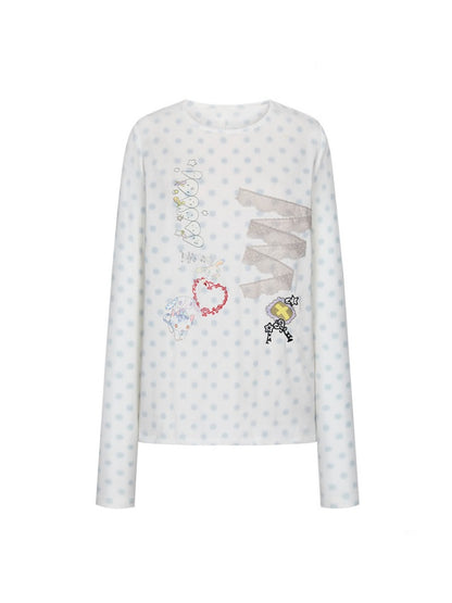 Polka Dot College Lace Long-Sleeve T-Shirt【s0000018455】