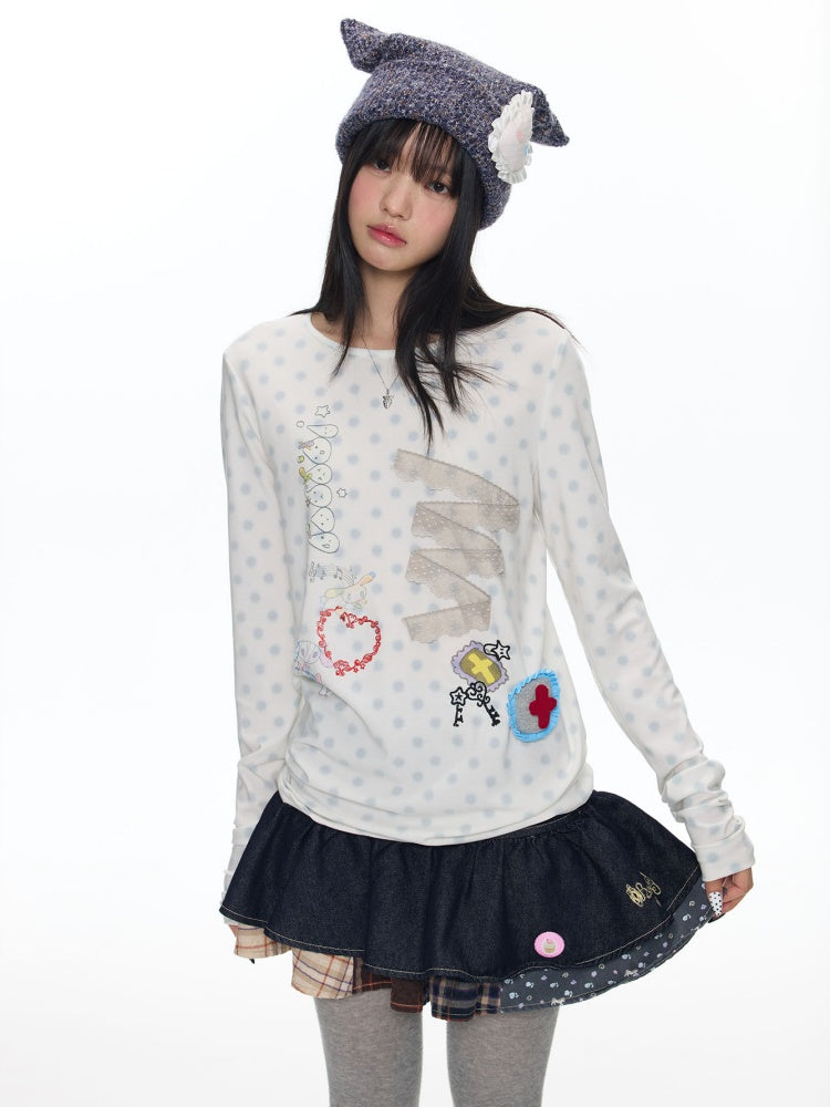 Polka Dot College Lace Long-Sleeve T-Shirt【s0000018455】