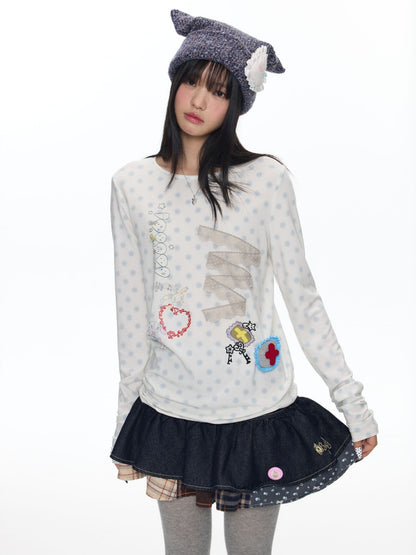 Polka Dot College Lace Long-Sleeve T-Shirt【s0000018455】