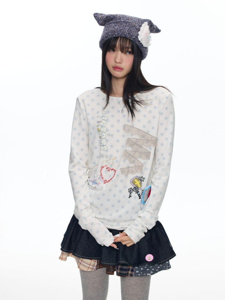 Polka Dot College Lace Long-Sleeve T-Shirt【s0000018455】