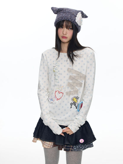 Polka Dot College Lace Long-Sleeve T-Shirt【s0000018455】