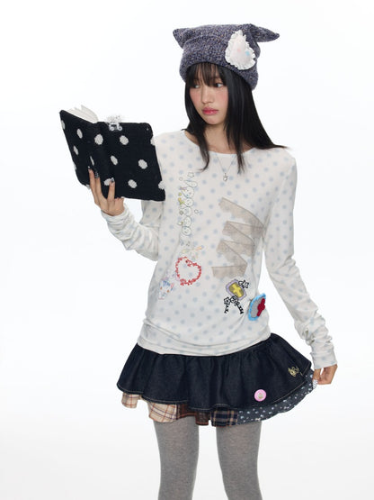 Polka Dot College Lace Long-Sleeve T-Shirt【s0000018455】