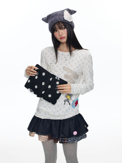 Polka Dot College Lace Long-Sleeve T-Shirt【s0000018455】