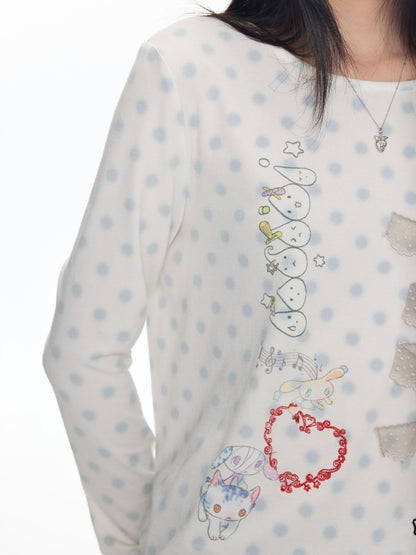 Polka Dot College Lace Long-Sleeve T-Shirt【s0000018455】