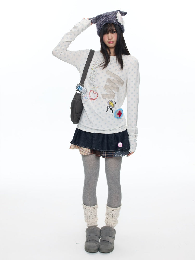 Polka Dot College Lace Long-Sleeve T-Shirt【s0000018455】