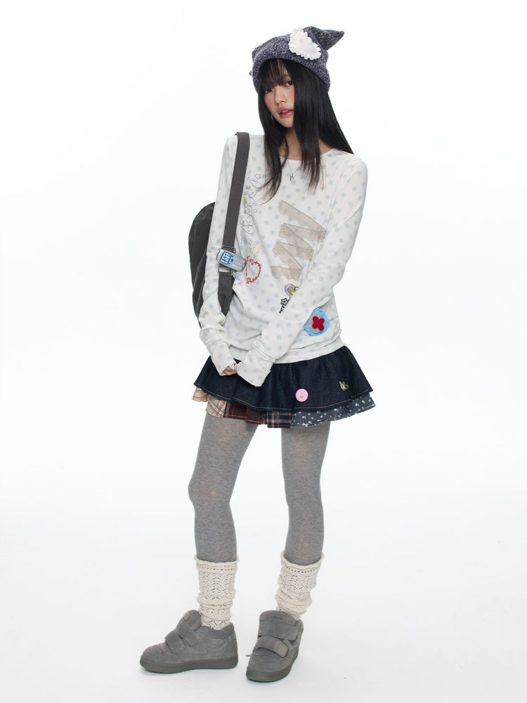 Polka Dot College Lace Long-Sleeve T-Shirt【s0000018455】