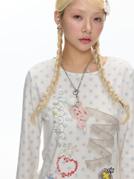 Polka Dot College Lace Long-Sleeve T-Shirt【s0000018455】