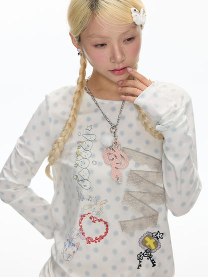 Polka Dot College Lace Long-Sleeve T-Shirt【s0000018455】