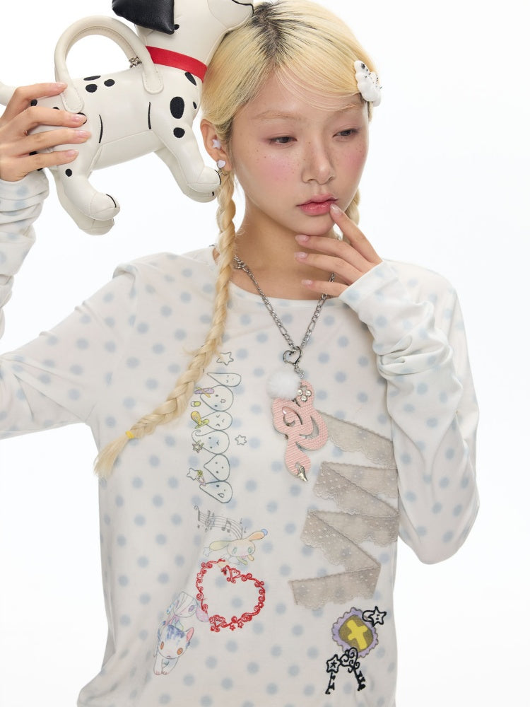 Polka Dot College Lace Long-Sleeve T-Shirt【s0000018455】