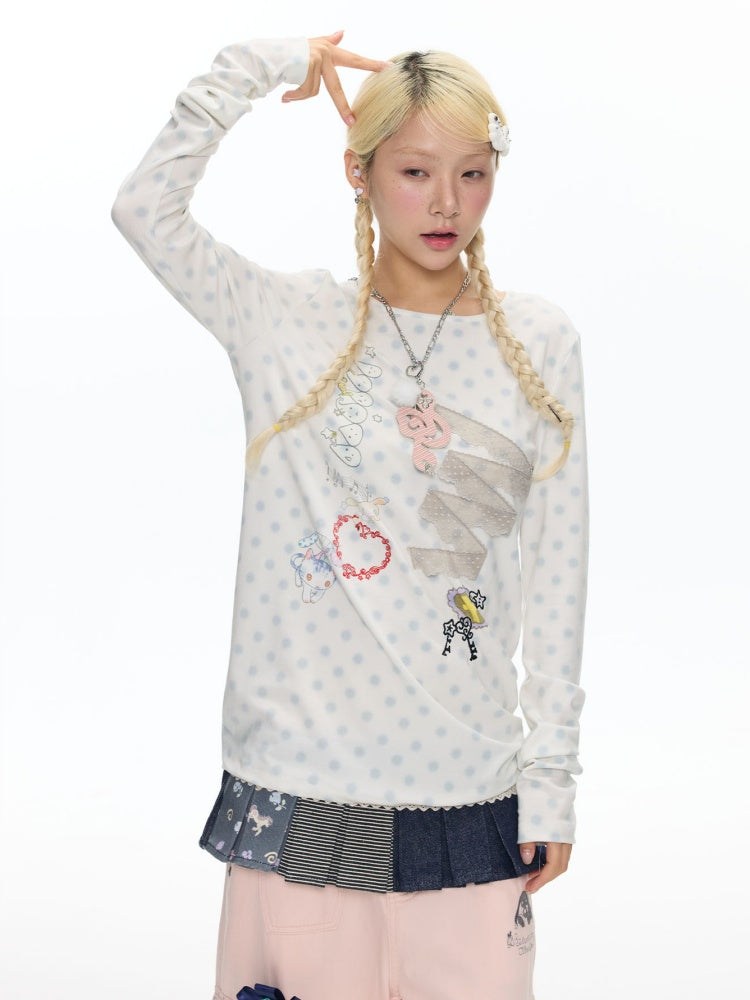 Polka Dot College Lace Long-Sleeve T-Shirt【s0000018455】