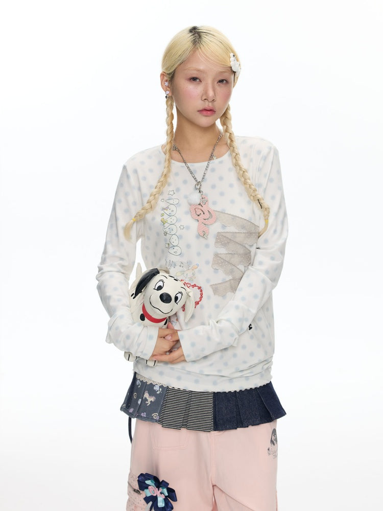 Polka Dot College Lace Long-Sleeve T-Shirt【s0000018455】