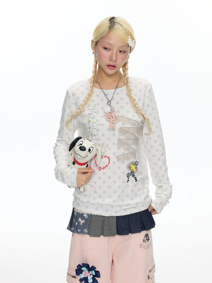 Polka Dot College Lace Long-Sleeve T-Shirt【s0000018455】