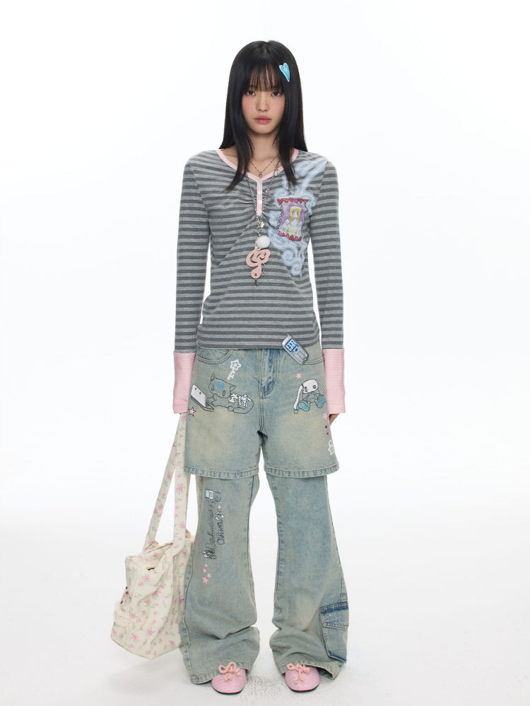 Angel Fake Two-Piece Spliced Striped Long Sleeve T-Shirt【s0000018457】