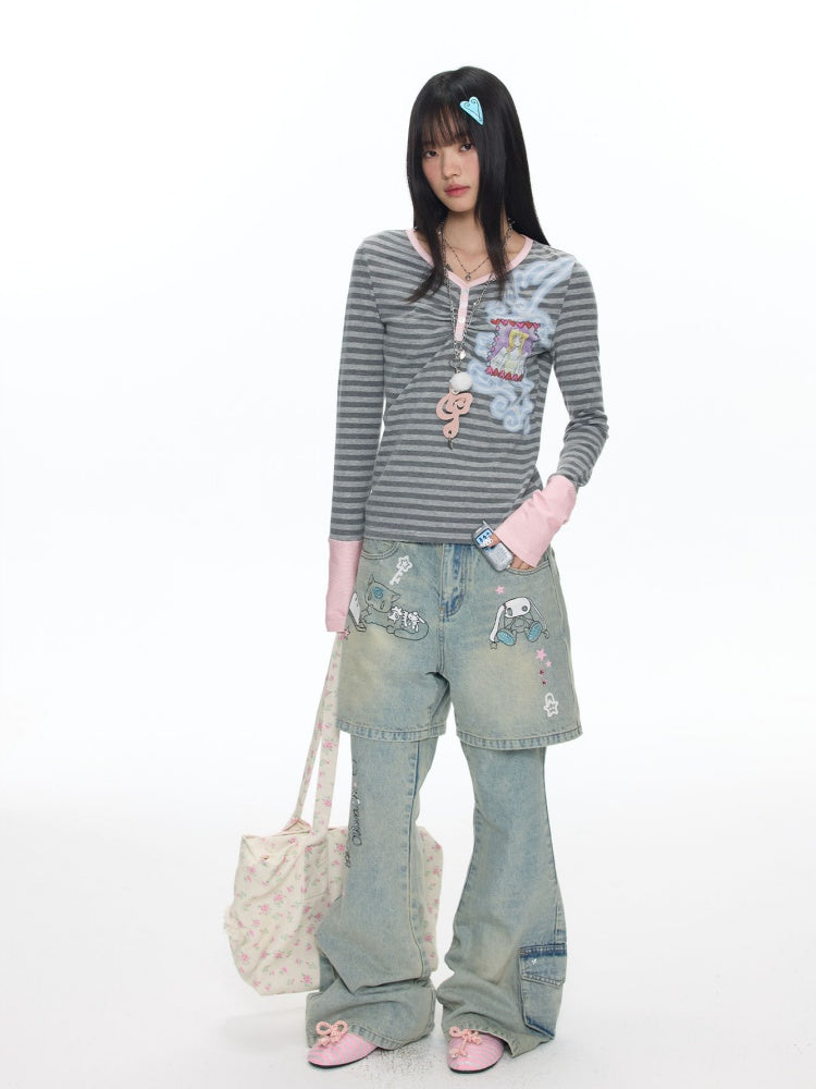 Angel Fake Two-Piece Spliced Striped Long Sleeve T-Shirt【s0000018457】