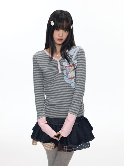 Angel Fake Two-Piece Spliced Striped Long Sleeve T-Shirt【s0000018457】
