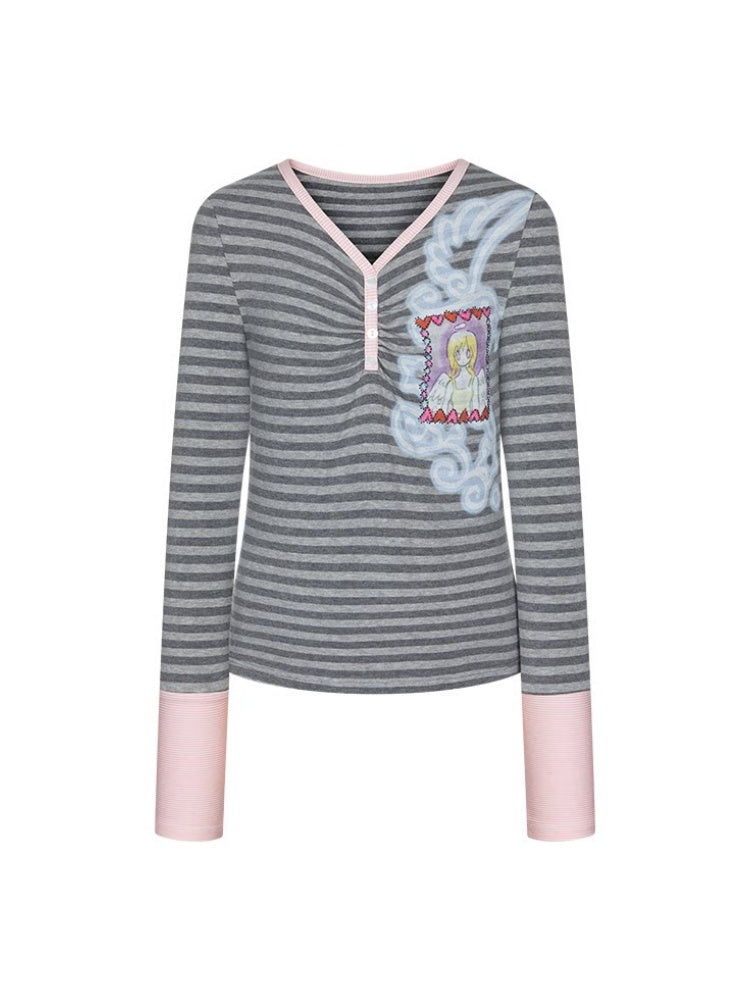 Angel Fake Two-Piece Spliced Striped Long Sleeve T-Shirt【s0000018457】