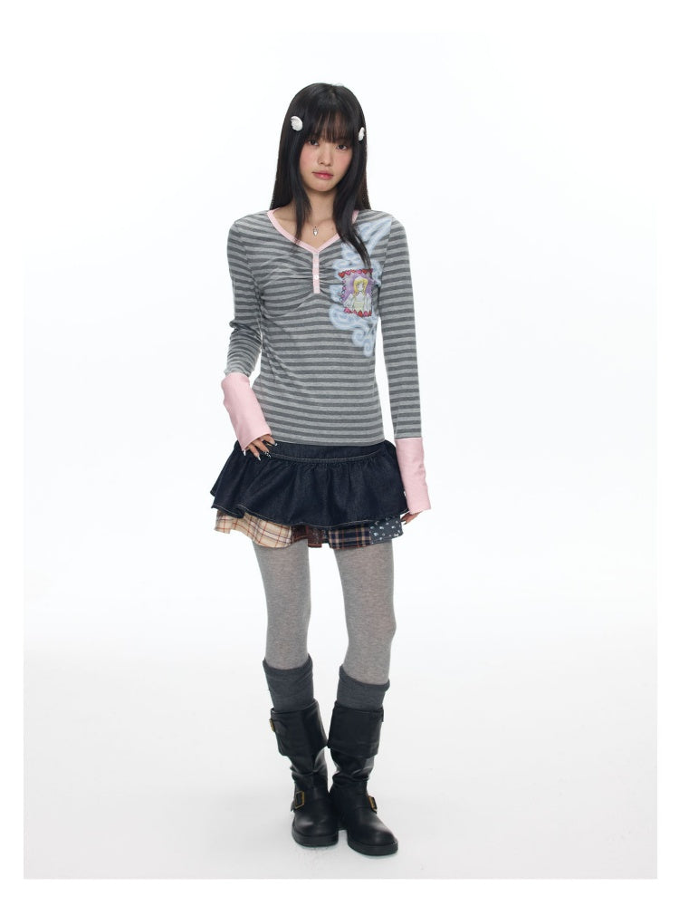 Angel Fake Two-Piece Spliced Striped Long Sleeve T-Shirt【s0000018457】