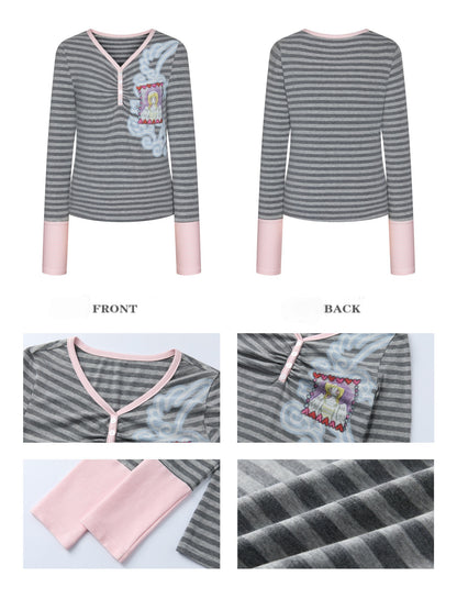 Angel Fake Two-Piece Spliced Striped Long Sleeve T-Shirt【s0000018457】
