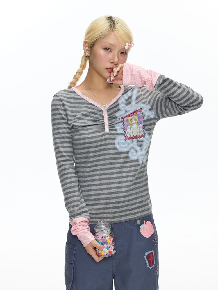 Angel Fake Two-Piece Spliced Striped Long Sleeve T-Shirt【s0000018457】