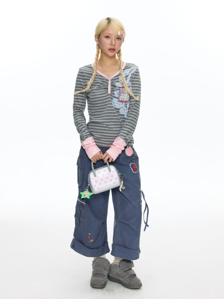 Angel Fake Two-Piece Spliced Striped Long Sleeve T-Shirt【s0000018457】