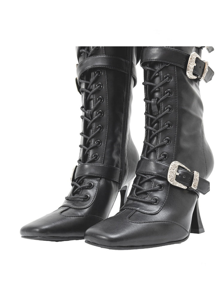 Strapped Heavy Metal Buckle Stiletto Heels Oblique Toe Knee-High Leather Boots【s0000018145】