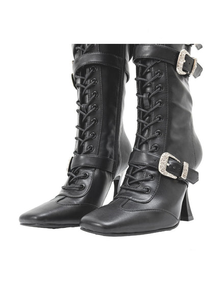 Strapped Heavy Metal Buckle Stiletto Heels Oblique Toe Knee-High Leather Boots【s0000018145】