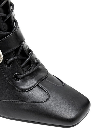Strapped Heavy Metal Buckle Stiletto Heels Oblique Toe Knee-High Leather Boots【s0000018145】