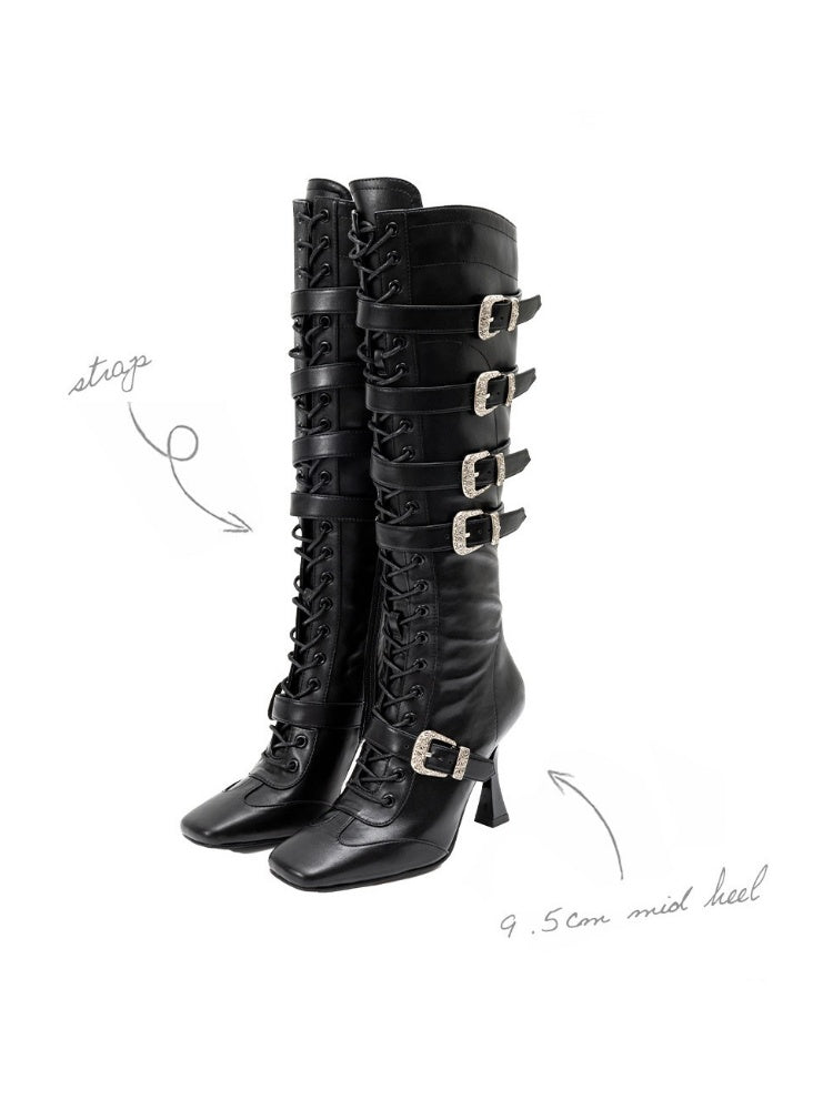 Strapped Heavy Metal Buckle Stiletto Heels Oblique Toe Knee-High Leather Boots【s0000018145】