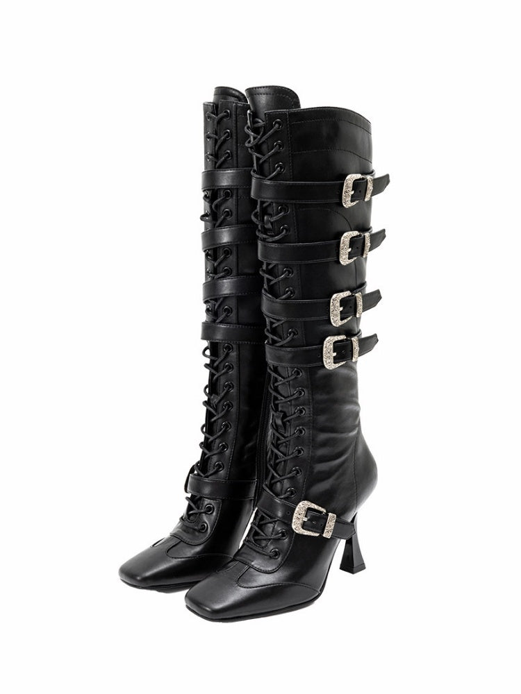 Strapped Heavy Metal Buckle Stiletto Heels Oblique Toe Knee-High Leather Boots【s0000018145】