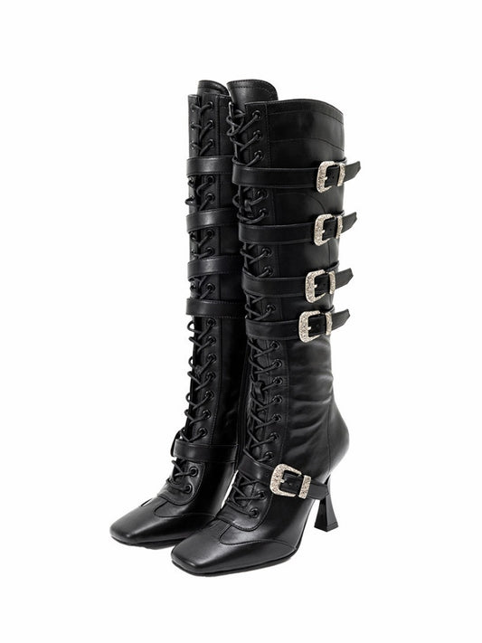 Strapped Heavy Metal Buckle Stiletto Heels Oblique Toe Knee-High Leather Boots【s0000018145】