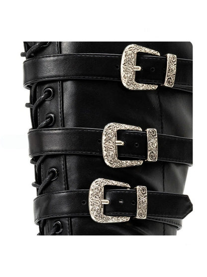 Strapped Heavy Metal Buckle Stiletto Heels Oblique Toe Knee-High Leather Boots【s0000018145】