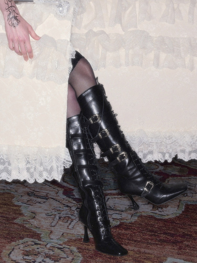 Strapped Heavy Metal Buckle Stiletto Heels Oblique Toe Knee-High Leather Boots【s0000018145】